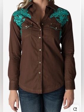 Wrangler Brown Snap Down Shirt with Turquoise Embroidery, PTP 18”,  Retail $69
